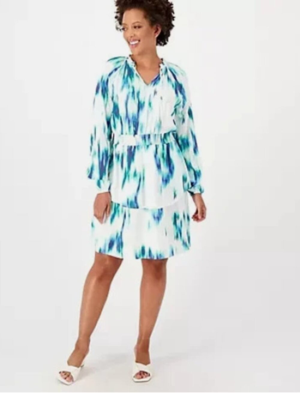 Candace Cameron Bure Printed Woven Mini Dress-Blue Jade-Petite Small-NEW-A593162